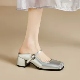 Slippers Phoentin 2024 Ladies Mules Square Toe Silver Gold Luxury Women Middle Heels Bling Summer Shoes Plus Size FT3396