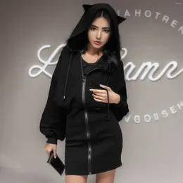 Casual Dresses Women's Sexy Gothic Long Sleeve Mini Dress Fashion Black Ear Hooded Sweatshirt Spring Punk Streetwear