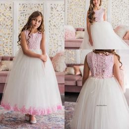 Lovely Armoniia Ball Gown Flower Girl Jewel Neck Sleeveless Tulle Lace Applique Ruched Wedding Dress Ankle Length Girl's Birthday Part 0431