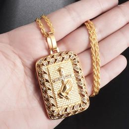 Pendant Necklaces Fashion Luxury Religious Square Praying Hands Cross Necklace Gold Colour Inlaid Zircon Christian Men Jewellery