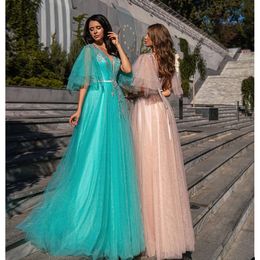 Prom Glamorous V-Neck Long 1/2 드레스 인어 소매 빛나는 신청자 벨트 측면 분할 바닥 길이 맞춤형 파티 파티 드레스 vesido de noite