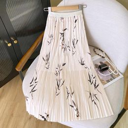 Skirts ZJYT Print Pleated Midi For Women Summer Elastic Waist Black Skirt Vintage Chinese Style Casual Faldas 2024 Fashion Hanfu