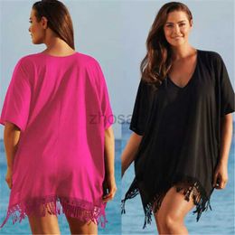 Women Beach Wear Wear L-3XL Plus Size Tassel Crochet Tunic Women Swimwear Summer Sun Protection Clothes Cover Up Swim Beach Dress d240507