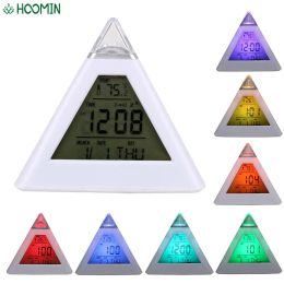 Clocks Digital Alarm Clock Perpetual Calendar Thermometer Triangle Pyramid Colorful Backlight Change Clock Home Decoration
