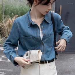 Women's Blouses Deep Blue Denim Shirts For Women Spring Buttons Long-Sleeved Shirt Blusas De Mujer Korean Loose Turndown Collar Blouse