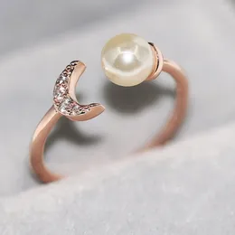 Cluster Rings Double Fair Adjustable Moon For Women Girls White Gold Color Imitation Pearl Zircon Party Fashion Jewelry R895