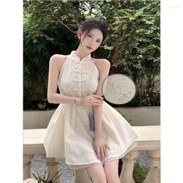 Casual Dresses Sweet Temperament Chinese Style Sleeveless Fluffy Dress Women Print Single Breasted Fashion Gentle Summer Celebrity Slim