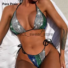 Women's Swimwear Para Praia Shiny Silver Patchwork Bikini Set 2024 Halter High Cut Swimsuit Women Bandage Brazilian Bathing Suit H240507