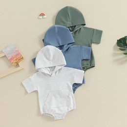 Rompers Baby Boys Summer Hooded Jumpsuit Casual Solid Colour Short Sleeve Sweatshirt for Newborn Infant Cute Clothes H240507