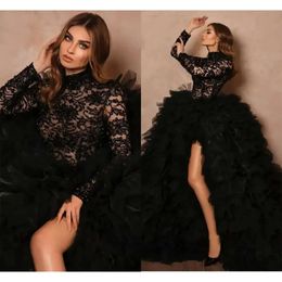 Long Lace Mermaid Prom Dresses Gorgeous High-Neck Beads Sleeves Tiered Tulle Side Split Zipper Floor Length Custom Made Party Evening Dress Vestido De Noite