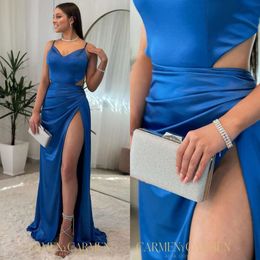 Blå sjöjungfru klänning sexig prom split cutaway sidor formell kväll eleganta veck festklänningar för speciella OCNS -remmar promdress es klänning