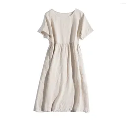 Party Dresses Cotton And Linen Solid Color Short-sleeved Round Neck Dress Women's Summer Korean Style Artistic Loose Simple Elegant Casual