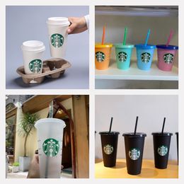 24oz/710ml Plastic Mugs Starbucks Tumbler Reusable Clear Drinking Flat Bottom Pillar Shape Lid Straw Cups mug