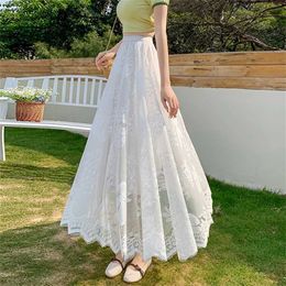 Skirts Summer Korean Sweet A-line Skirt Lady New Mesh Lace Long Skirt for Women High Waist Maxi Skirt Female Casual Flower Swing
