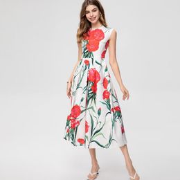 Women's Runway Dresses O Neck Sleeveless Floral Printed Ruched Elegant Fashion High Street Mid Vestidos
