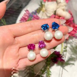 Dangle Earrings Women Fashion Diamond Studded Red Corundum AB Style Vintage Pearl Blue Spinel Bulb