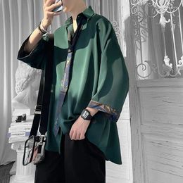 Men's Casual Shirts EBAIHUI Dark Green With Tie Shirt Vintage Hong Kong Style Short Sleeved Blouse Summer Loose Oversized Blusas