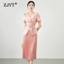 Work Dresses ZJYT Two Piece Dress Sets Women Summer Fashion Short Sleeve Blazer And Midi Pleated Skirt Suit Pink Outfit Office Chain Belt