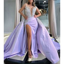 Exquisite Mermaid Prom Dresses Sleeveless V Neck Appliques Sequins Bed Floor Length 3D Lace Satin Diamonds Slit Evening Dress Bridal Gowns Plus Size Custom 0431