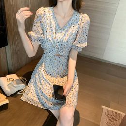 Party Dresses Women's Prairie Chic Style Chiffon Dress Floral Printed V-Neck Shirring Short Sleeves Mini Spring Summer 2024