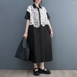 Party Dresses Japanese Korea Style Print Floral Patchwork Short Sleeve Loose Black Blouse Summer Dress Fashion Women Casual Long Work