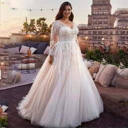 Elegant V-Neck Wedding Dresses Plus Size Lace Long Sleeve Women White Open Back Tulle Bridal Gown Sweep Train Vestidos De Novia