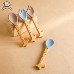 Cups Dishes Utensils 2PCS baby bamboo fork silicone wood baby feeding spoon baby feeding accessories organic bisphenol A no food grade giftL2405