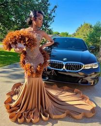 Brown Sheer O Neck Long Prom Dress For Black Girls Beaded Crystal Birthday Party Gowns Feathers Formal Gown Robe De Bal