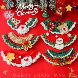 Houses Christmas Pet Hand Woven Cotton Collar for Cat and Dog Santa Claus Elk Pattern Cute Collar Tie Up Neck Ring New Year Pet Clothes