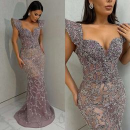 Mermaid Elegant Gorgeous Evening Dresses Capped Prom Dress Pleats Beaded Crystal Custom Made Formal Dresses For Women