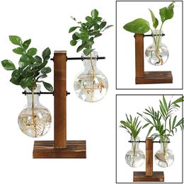 Vases 1 PCS Transparent Flower Pot Creative Wooden Frame Plant Simple Vintage Home Bonsai Decor For Gifts