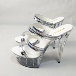 Dance Shoes Professional Pole Dancing Performance Stylish Sexy Heels 15 Cm Silver Vamp Clear Crystal