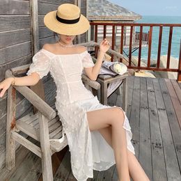 Casual Dresses LOLIBOOK 2024 Women Summer White Backless Square Collar Dress Female Puff Sleeve Split Beach Vestidos Simple Party