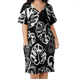 Casual Dresses White And Black Tie Dye Dress V Neck Palm Leaf Print Aesthetic Summer Pretty Womens Oversize Clothing