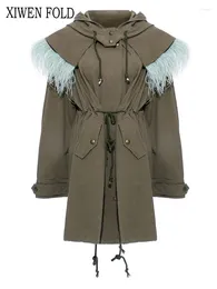 Women's Jackets XIWEN Green Feather Drawstring Big Size Casual Jacket Hooded Long Sleeve Women Coat Fashion Tide Spring Autumn 2024 XF2009