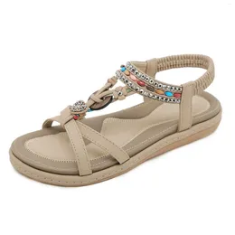 Casual Shoes 2024 For Women Plus Size 36-42 Summer PU Elastic Band Flat Toe Round Bohemia Beaded Comfortable Retro Wedges Beach Sandals