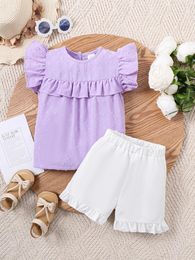 Clothing Sets 2PCS Child Girls Summer Set Flutter Sleeve Plain Color Top White Shorts Fashion Sweet Daily Costume For 4-7 Years