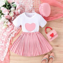 Clothing Sets Lovely Toddler Grils 3pcs Outerwear Heart Embroidery Short Sleeve T-Shirts Tops Pleated Skirts Hat Kid Set