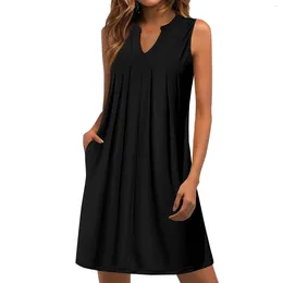 Casual Dresses Women's Pocket Sleeveless V-Neck Pleated Vest Skirt Loose T-Shirt Dress For Special Events Summer One-piece