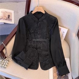 Ethnic Clothing 2024 Chinese Style Button Jacquard Tang Suit Shirt Women's Spring Retro Elegant Slim Stand Collar Fashion Chic Blouse W355