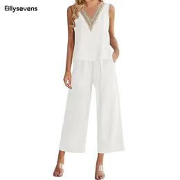 Women's Two Piece Pants 2024 Elegant Linen Sets 2 Womens Outfits Summer Green V-Neck Sleeveless Tops Sexy Black Wide Leg Suits