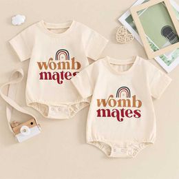 Rompers Summer Baby Clothing Girl Boy Twin Outfits Piece Short Sleeve Letter Print Round Neck for Infant Toddler H240507