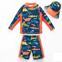 Suits Baby Swimsuit Boy Shark Cartoon Pattern Printing 3 Piece Set Swimwear Sunscreen Drawstring Belt Trousers Long Sleeved Swimsuit