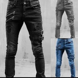 Men's Jeans Spring And Fall Daily Casual Pants 4 Colours Skinny Stretch Motorcycle Men Solid Colour Street Clothing 2024