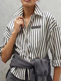 Women's Blouses Women Covered Buttons Shirt Classic Stripes Beading Pocket Loose 2024 Spring Female Turn-down Collar Blouse