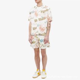 오리지널 디자이너 Rhuder Shirts 트렌디 한 브랜드 풀 프린트 편지 캐주얼 짧은 슬리브 셔츠 남성 여성 하이 스트리트 셔츠