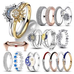 Cluster Rings Summer Celestial Blue Sparkling Moon And Sun Ring For Women Cocktail Stackable Finger Band Fashion Fine Jewellry