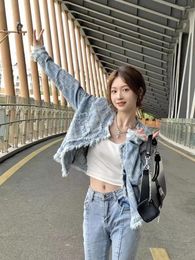 Women's Jackets Crop Short Blue Denim Jacket For Women Spring Autumn Patchwork Woman Jean Coat Mix Colour Outerwear Small Chic And Elegant