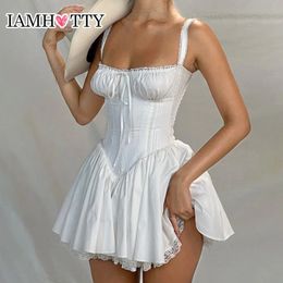 IAMTY High Quality Lace Panel A-line Dress White Coquette Party Dress Sleeveless Mini Tight Chest Dress Elegant and Cute Robe 240426