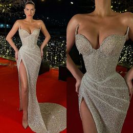 Evening Sweetheart Dresses Sequins Sexy Split Party Prom Sweep Train Pleats Long Dress For Red Carpet Special Ocn